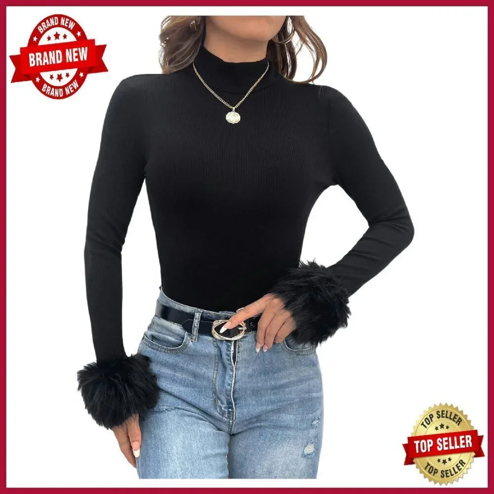 Fuzzy Mock Neck Long Sleeve Ribbed Knit Tee Slim Fit Tops